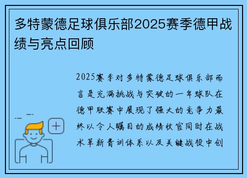 多特蒙德足球俱乐部2025赛季德甲战绩与亮点回顾
